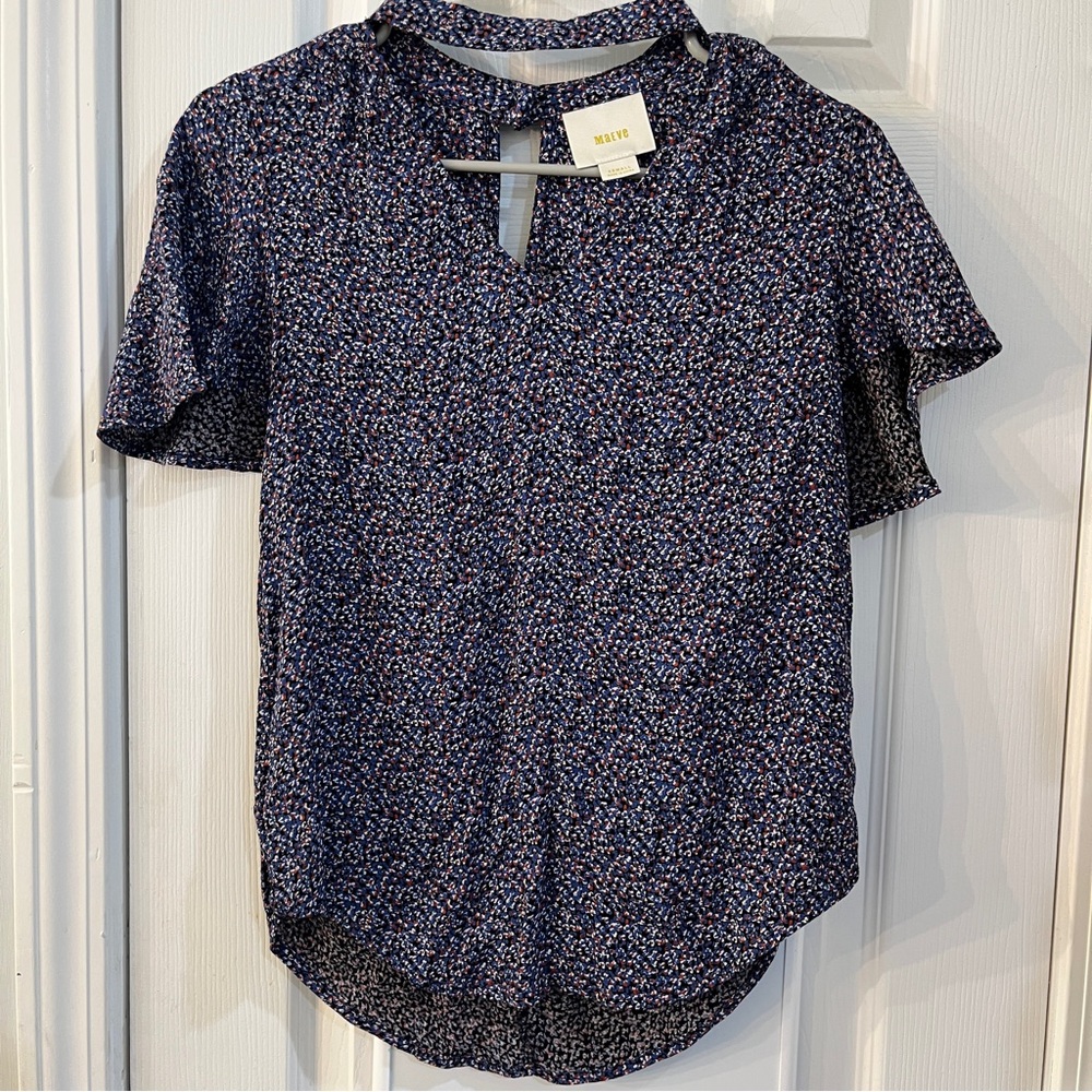 Maeve Blue and White Keyhole Blouse